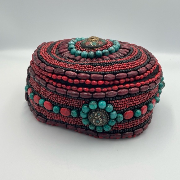 Tibetan Beaded Hat Ceremonial Headdress Red Coral Turquoise Black Colored Beads - Picture 4 of 6